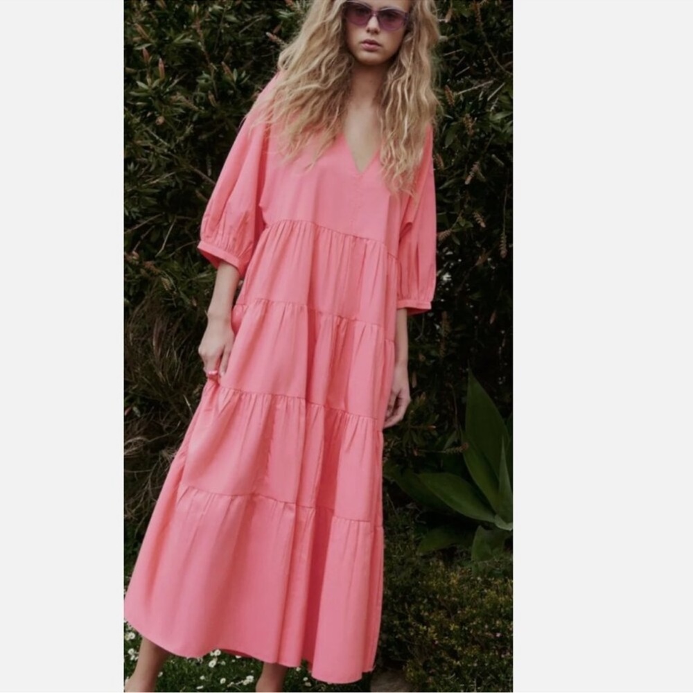 Zara Pink Tiered Poplin VNeck Oversized Maxi Dress Puff Sleeve Size XS